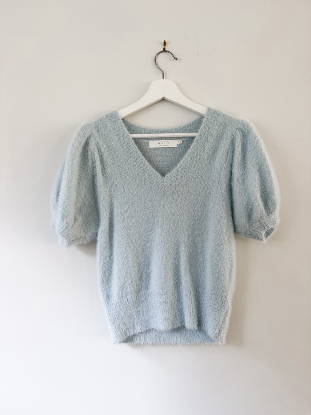 ASTR The Label Alina Fuzzy V-Neck Sweater in Sky Blue.